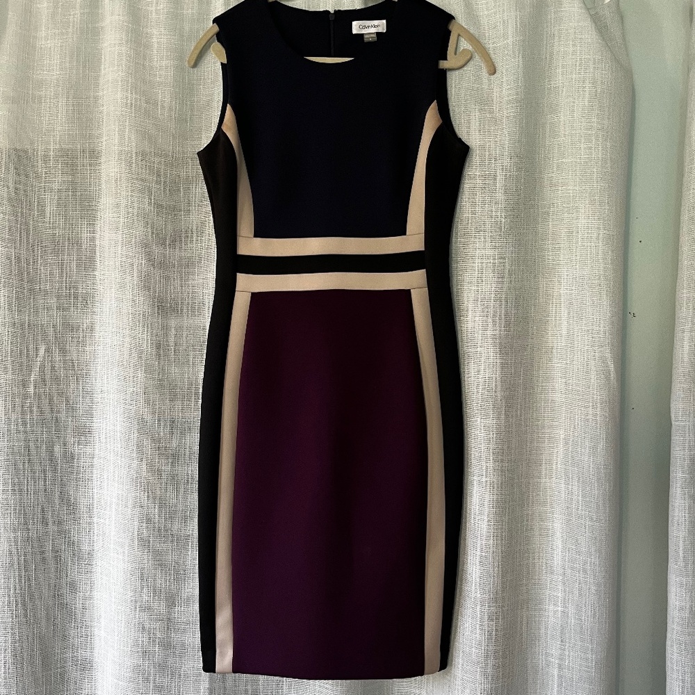 Calvin Klein Sheath Dress, Size 6, Navy/Violet/Ivory